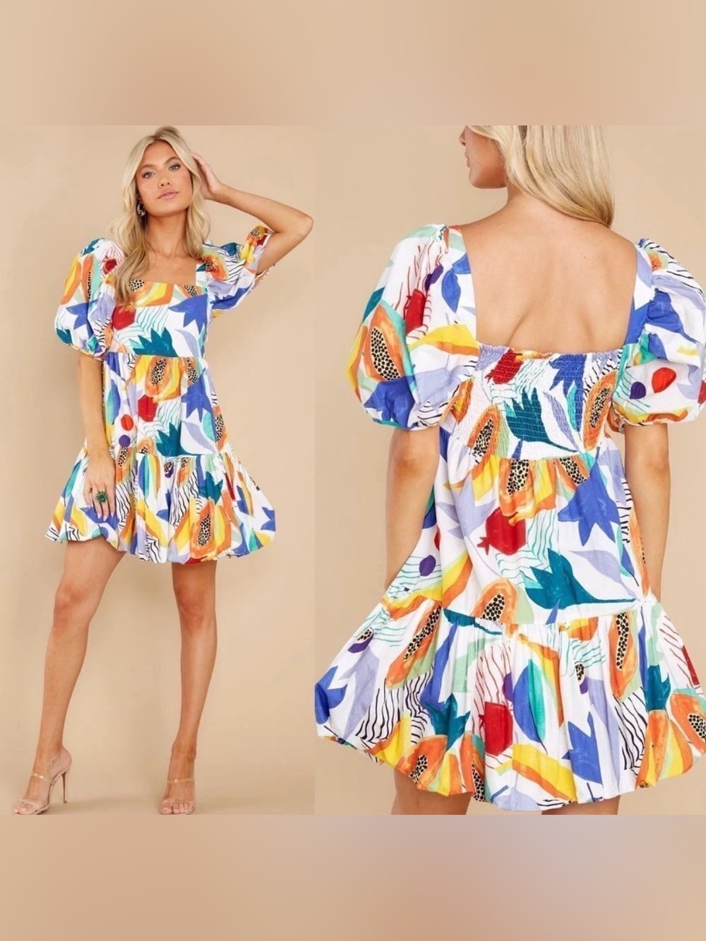 Oliphant Multi-Color bubble hem Puff Sleeve papaya Mini Dress S NEW - Picture 1 of 15